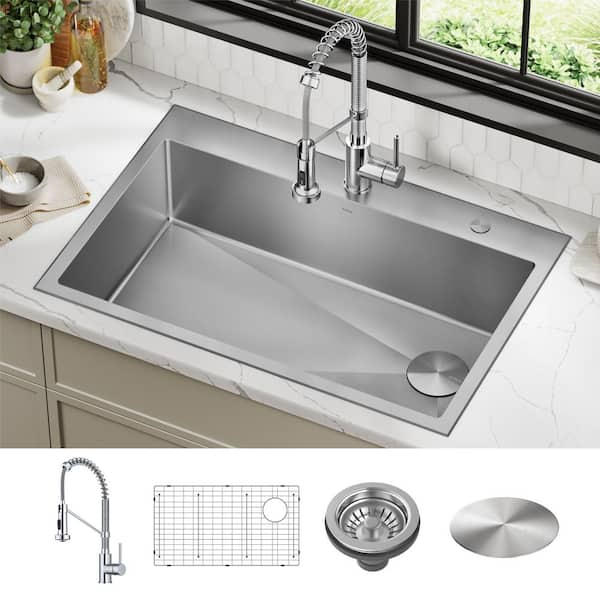 Loften 33 in. Drop-In Single Bowl 18 Gauge Stainless Steel Kitchen Sink with Pull Down Faucet in Chrome