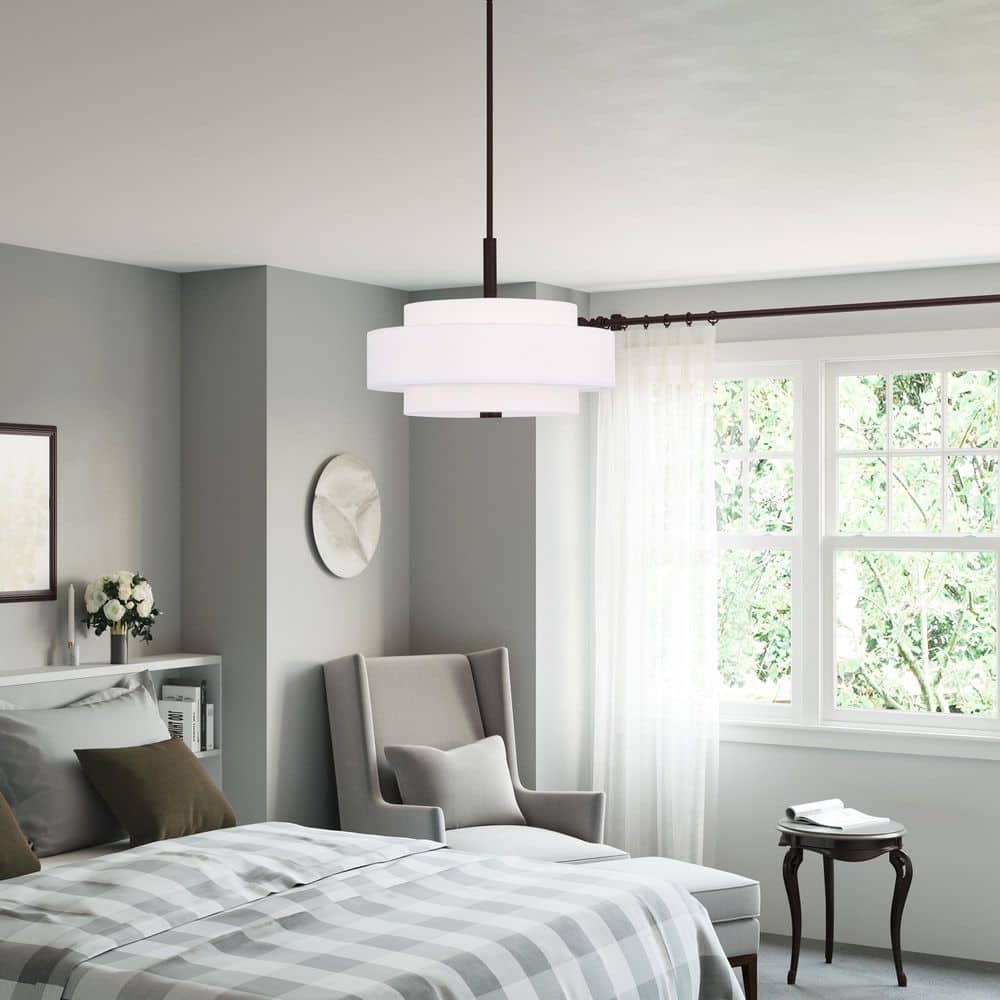 Bronze 4-Light Pendant with Off-White Drum Shade