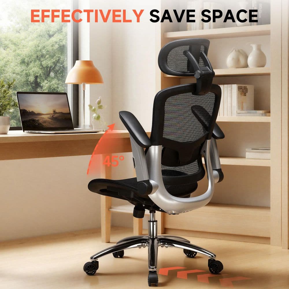 Big and Tall High Back Office Chair with Flip-Up Arms Gray Ergonomic Mesh High Back Home Desk Chair Arm Chair - Thumbnail 2