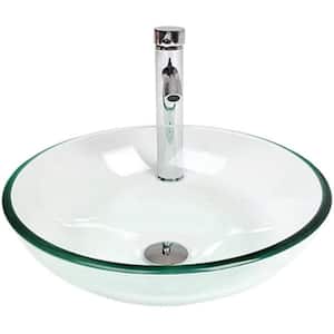 16.5 in. Glass Round Vessel Sink in Transparent with Faucet and Pop-up Drain