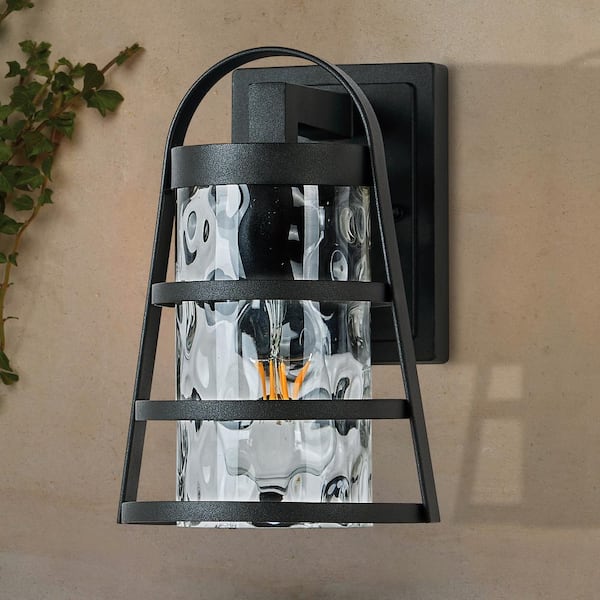 SILJOY Modern 1-Light Black Ripple Wall Lamp Hardwired Outdoor Sconce With Clear Water Glass