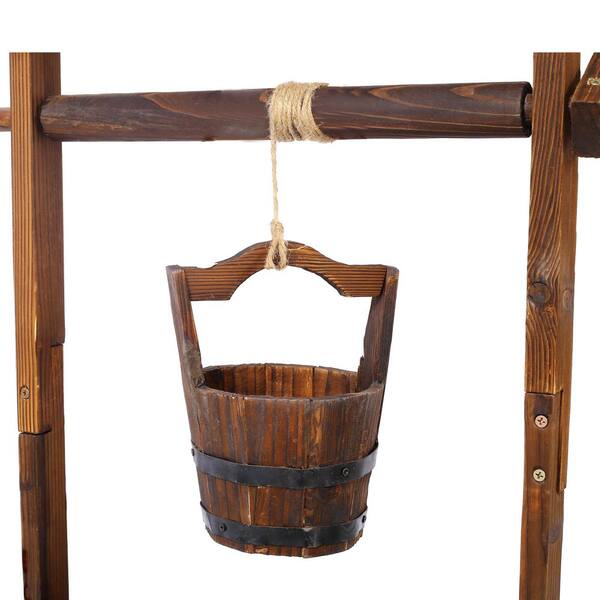 Brown Outdoor Wood Rustic Wishing Well Planter with Hanging Bucket