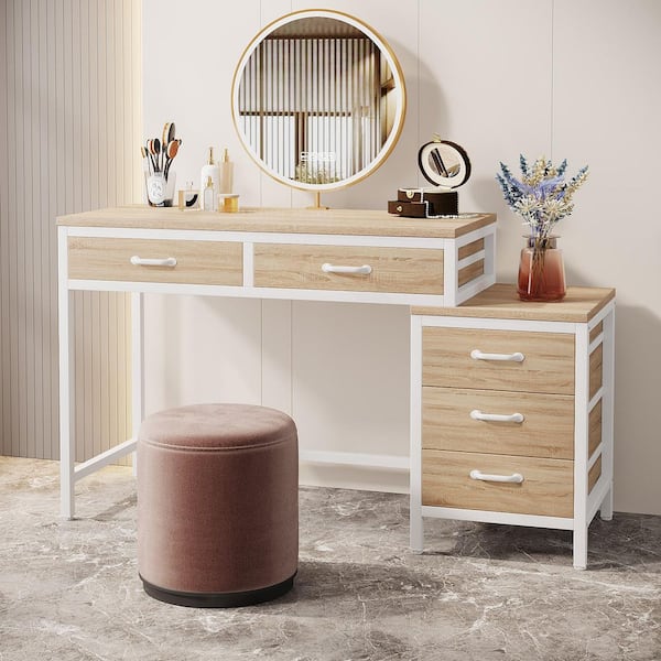 Moronia 51 in. Retangular Brown White Computer Desk 5-Storage Drawers Home Office Study Writing Table Reversible Cabinet