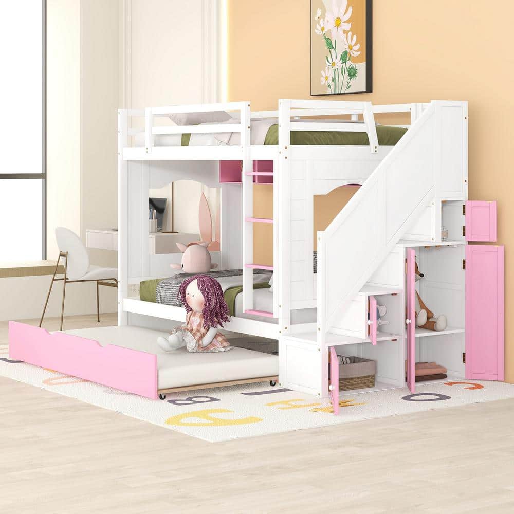 Harper & Bright Designs White and Pink Twin Over Twin Wood Bunk Bed ...