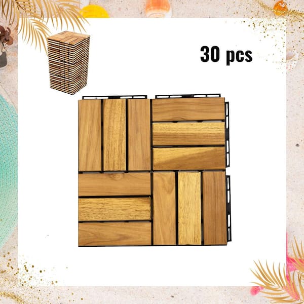 Unbranded 12 in. x 12 in. Solid Wood Interlocking Deck Tiles in Natural Outdoor Flooring for Patio, Bancony, Pool Side（30 PCS）