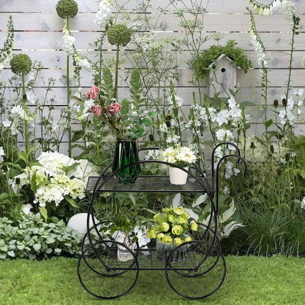 Black Metal 2-Tier Parisian Style Outdoor Plant Stand