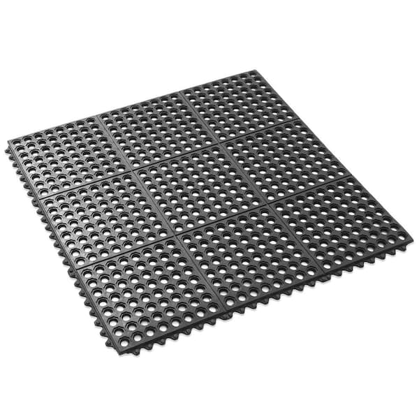 Black 36 in. x 36 in. Rubber Interlocking Drainage Non-Slip Anti-Fatigue Indoor Commercial Floor Mat