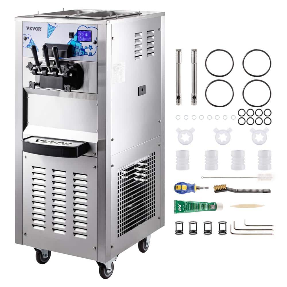 Commercial Ice Cream Maker 10.6 Gal. per Hour LCD Panel Soft Serve Machine 3 Flavors with Two 12 L Hoppers, 2500 W