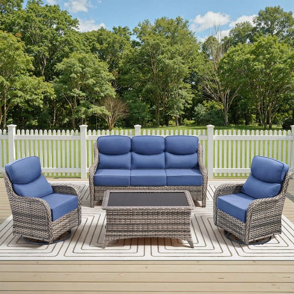 Holion Gray 4-Piece Wicker Patio Conversation Sofa Seating Set with Swivel Rocking Glider Chairs and 6 in. Blue Cushions