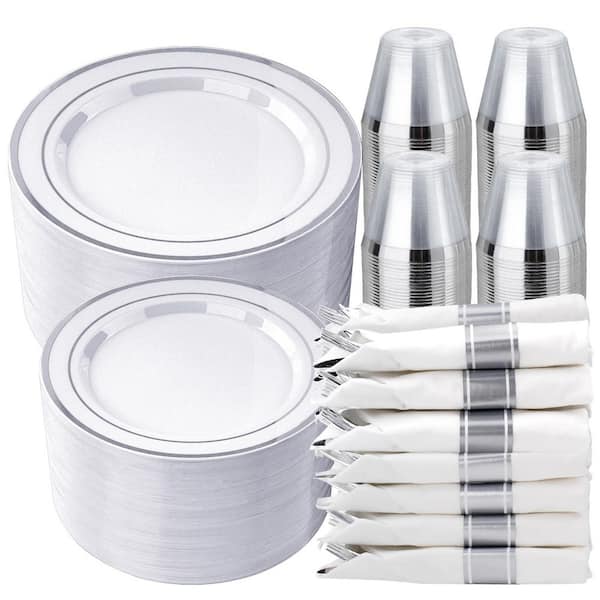 White and Silver Rim Plastic Disposable Party Dinnerware Set for 50 Guests with Silverware (350-Piece)