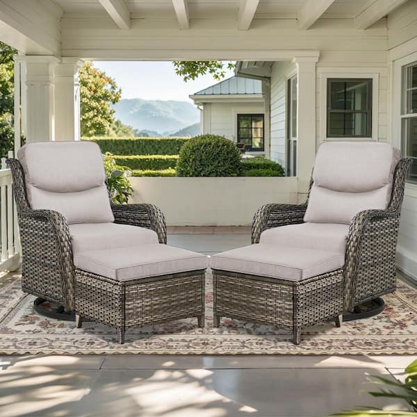 Crescent Gray Wicker Outdoor Rocking Chair Set with 5 in. Thick Beige Cushions, Swivel Rockers and Ottomans (4-Pack)
