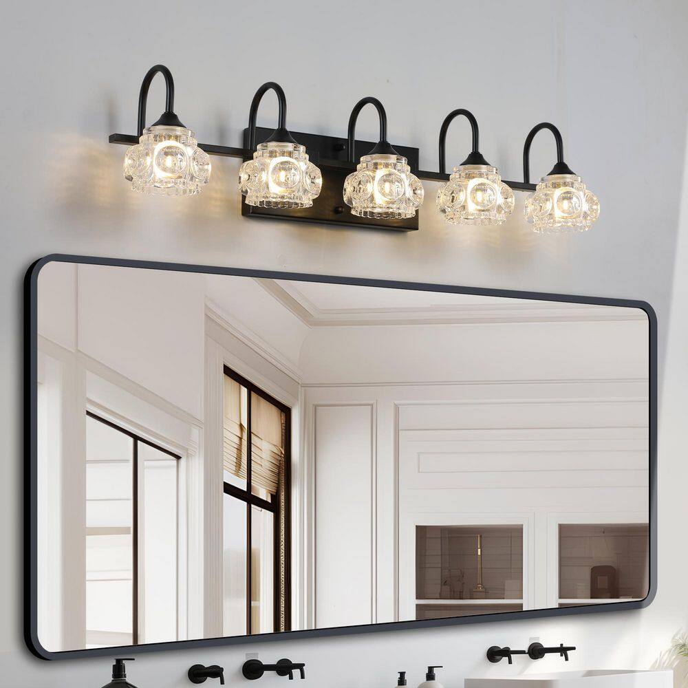29 in. 5 Light Black Finish Vanity Light Fixture Bathroom Over Mirror Wall Lights with Crystal Glass Shade price history on PriceWatchPro