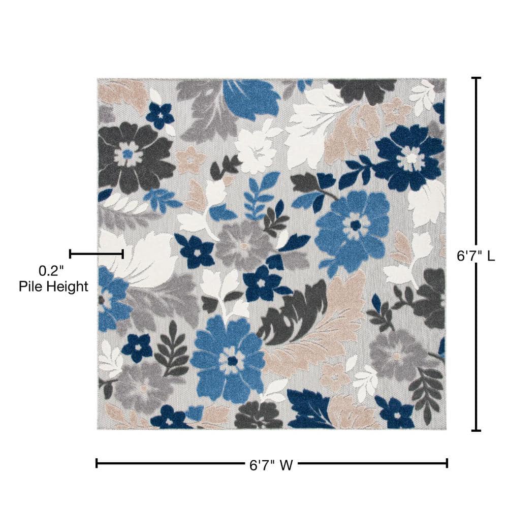 Cabana Grey/Blue Floral Reversible Synthetic Square Rug - 7' x 7'