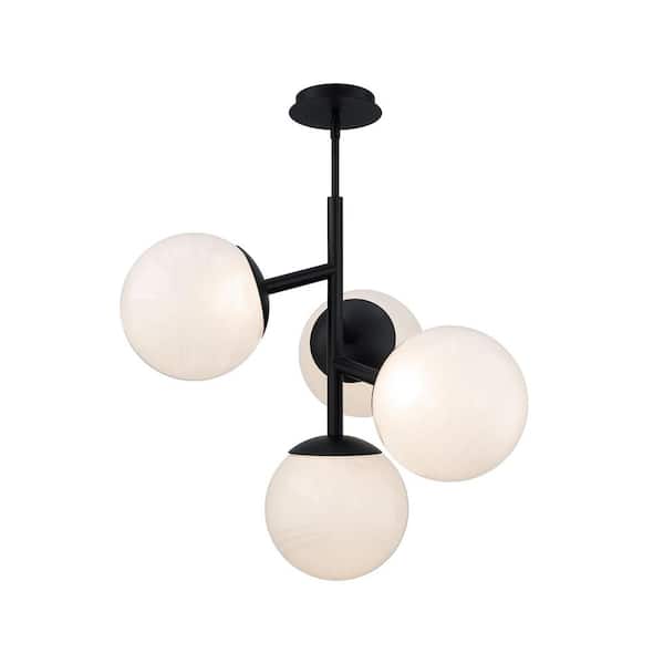 Quattro 27 in. 4-Light Black Bubble Cluster Integrated LED Pendant Light with Frosted Glass Shade-Selectable 4CCT
