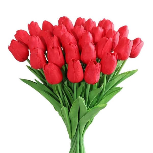 13 in. Red Indoor Artificial Tulips Flowers UV Resistant, (30 Piece)