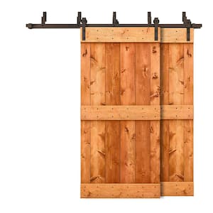 48 in. x 84 in. Mid-Bar Bypass Red Walnut Stained Solid Pine Wood Interior Double Sliding Barn Door with Hardware Kit