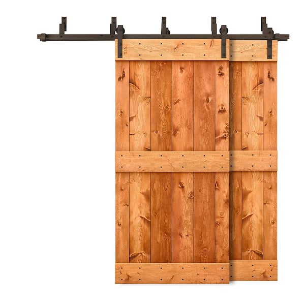 CALHOME 84 in. x 84 in. Mid-Bar Bypass Red Walnut Stained Solid Pine Wood Interior Double Sliding Barn Door with Hardware Kit