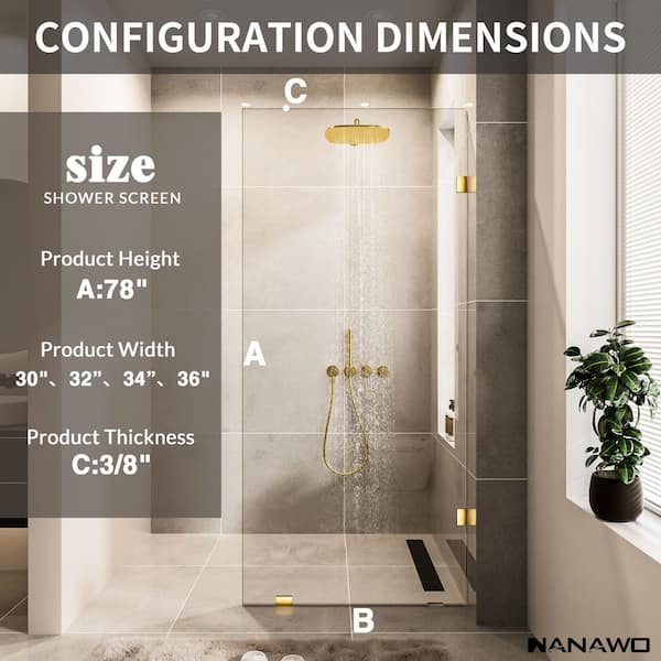 NANAWO 30 in. W x 78 in. H Frameless Fixed Single Panel Shower