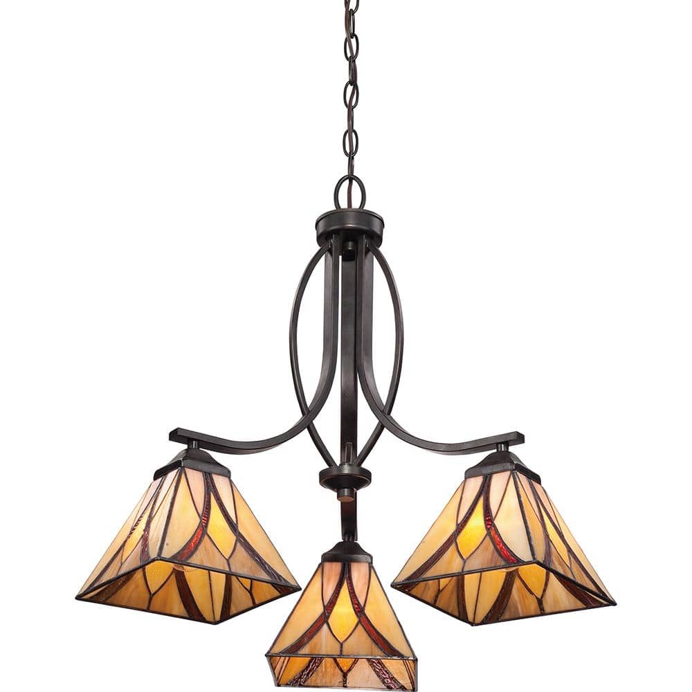 Asheville Valiant Bronze 3-Light Tiffany Glass Chandelier