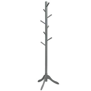 Gray Wooden Coat Rack Stand Entryway Hall Tree 2-Adjustable Height with 8-Hooks