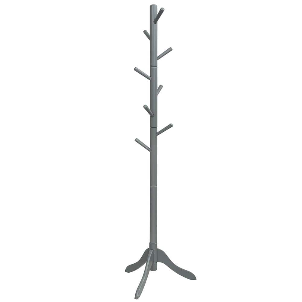 Gray Wooden Coat Rack Stand Entryway Hall Tree 2-Adjustable Height with 8-H