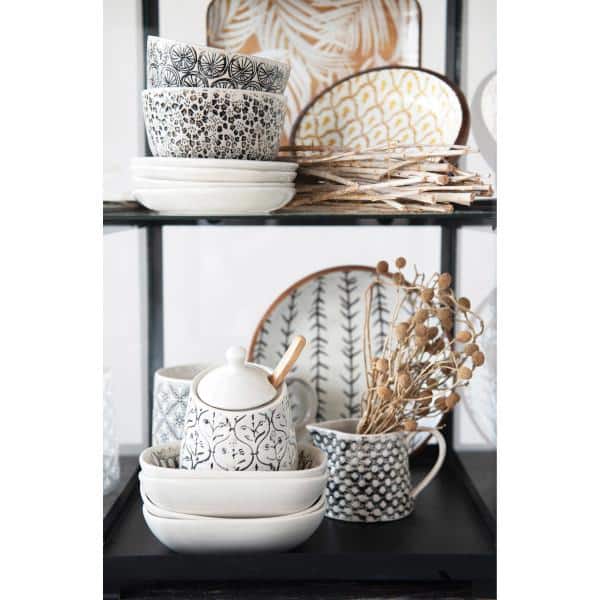 Hand-Stamped Ceramic Salad Bowls with Embossed Patterns, Black and Cream