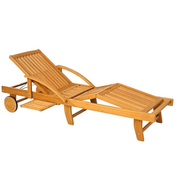 1-Piece Wood Folding Lounge Chair, 4-Level Adjustable Tanning Chair with Wheels, Extendable Table, Teak