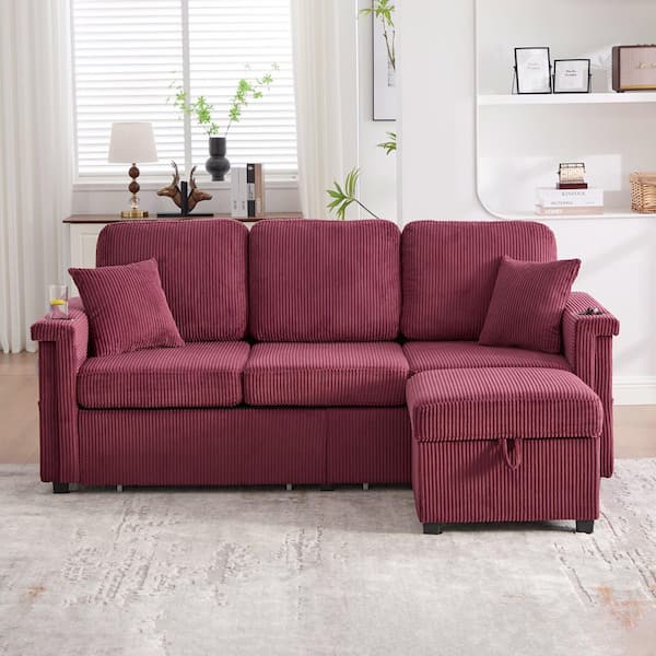 Elena 76.38 in. Corduroy L-Shaped Sectional Sofa in. Wine Red with Pull-Out Storage, Ottoman, USB Charging, Cup Holder