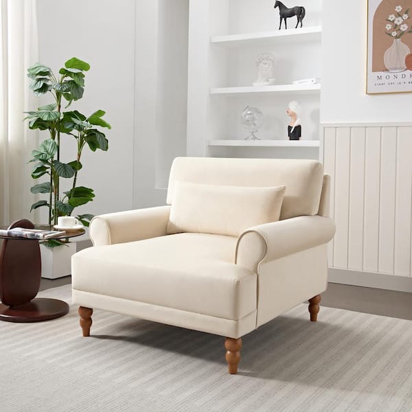 Noble House Hardi Velvet Upholstered Accent Chair, with Pillow Wood Frame and Legs, Beige