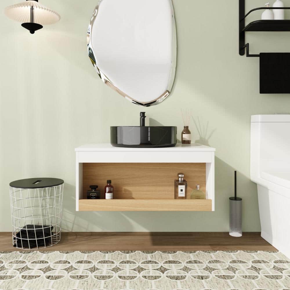 30 in. Wall-Mounted Single Light Oak Bath Vanity with Black/White Ceramic Top Unassembled price history on PriceWatchPro