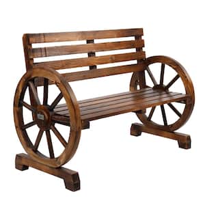 41 in. 2-Person Slatted Seat Rustic Wooden Wagon Wheel Bench, Outdoor Patio Furniture, Weather-Resistance