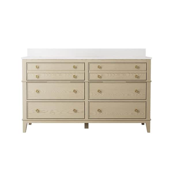 Megan 60 in. Double Sink Freestanding Solid OAK Bath Vanity with Carrera White Quartz Top, Soft-Close Dovetail Drawers