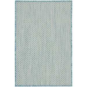 Courtyard Ivory Aqua 2 ft. x 3 ft. Geometric Contemporary Indoor/Outdoor Patio Kitchen Area Rug