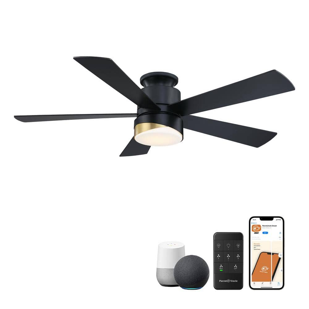 52 in. Indoor Integrated LED CCT Matte Black Flush Mount Smart Ceiling Fan with Remote, Works with Alexa & Google Home -  Parrot Uncle, F6115-SMART