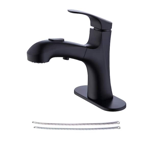 RAINLEX Single-Handle Single-Hole Pull Out Sprayer Bahtroom Faucet with Deckplate and Supply Lines included in Matte Black