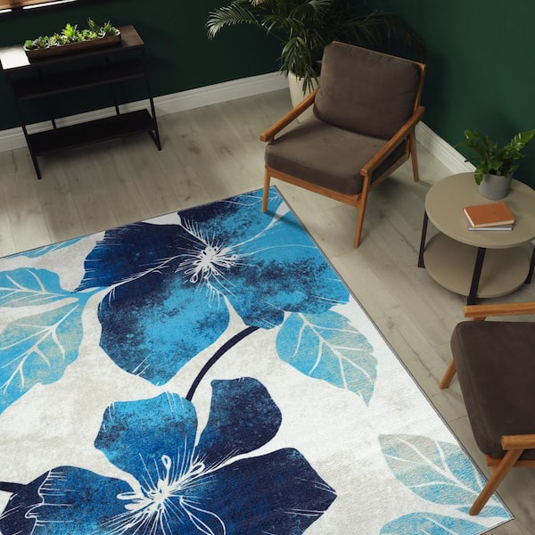 Blue/Grey 3 ft. x 5 ft. Non Skid Floral Area Rug