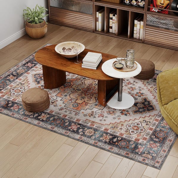 Area Rug 5 ft. x 7 ft. Washable Rug, Distressed Floral Print Mat for Living Room, Bedroom, Dining Room, Tawny Brown