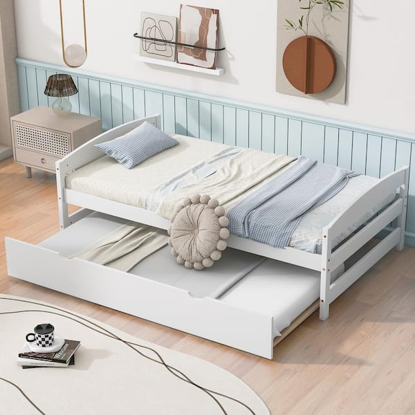 Harper & Bright Designs White Wood Frame Twin Size Platform Bed with Twin Trundle