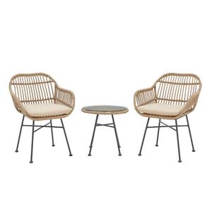 3-Piece Wicker Outdoor Bistro Patio Set with Round Glass Table and Beige Cushion