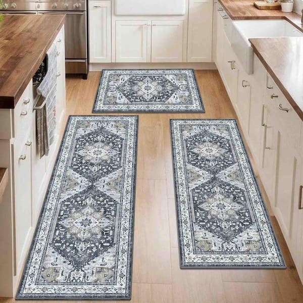 Grey Pattern Rug Mat Dark Grey 1.67 ft. x 4.9 ft. Boho Indoor 3-Piece Rug Set TG-D6-03310 ...