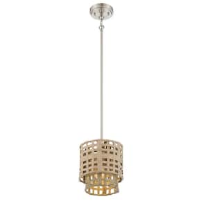 1-Light Brushed Nickel Mini Pendant with Weathered Grey and Natural Rattan Shade