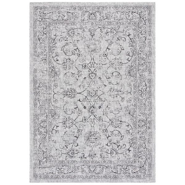 Courtyard Gray/Black 9 ft. x 12 ft. Border Floral Scroll Indoor/Outdoor Patio  Area Rug