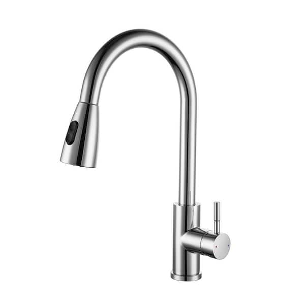 15.67 in Single Handle Stainless Steel 360 ° Spout Swivel Pull Down Sprayer Kitchen Faucet in Stainless Steel in Chrome