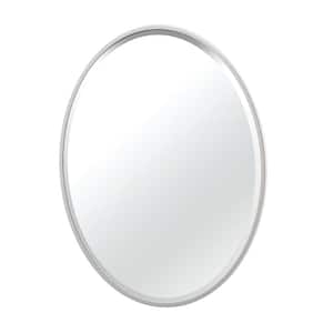 Flush 25 in. W x 33 in. H Framed Oval Beveled Edge Bathroom Vanity Mirror in Satin Nickel