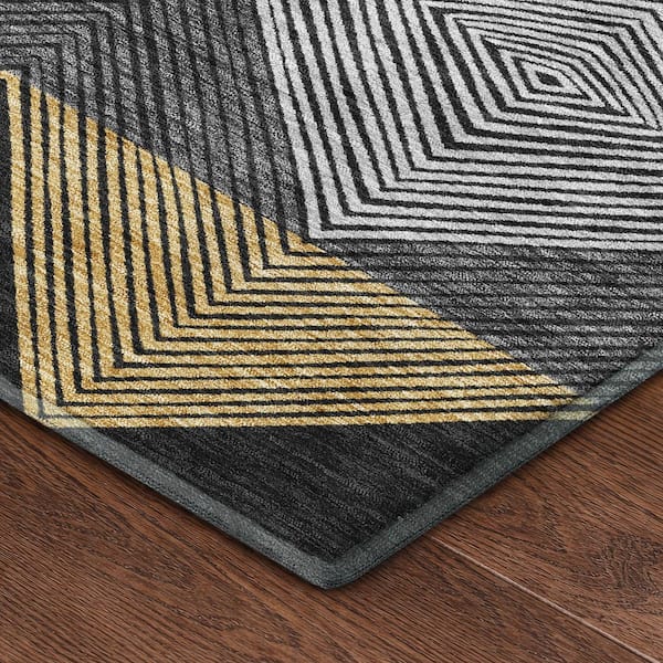Mayfield Premium Machine Washable Abstract AMF2545 Black 2 ft. x 7 ft. Runner Rug