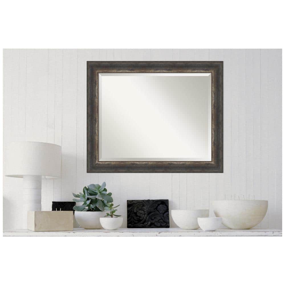 Rustic Char Bronze and Silver Wood Rectangular Wall Mirror 33x27 in