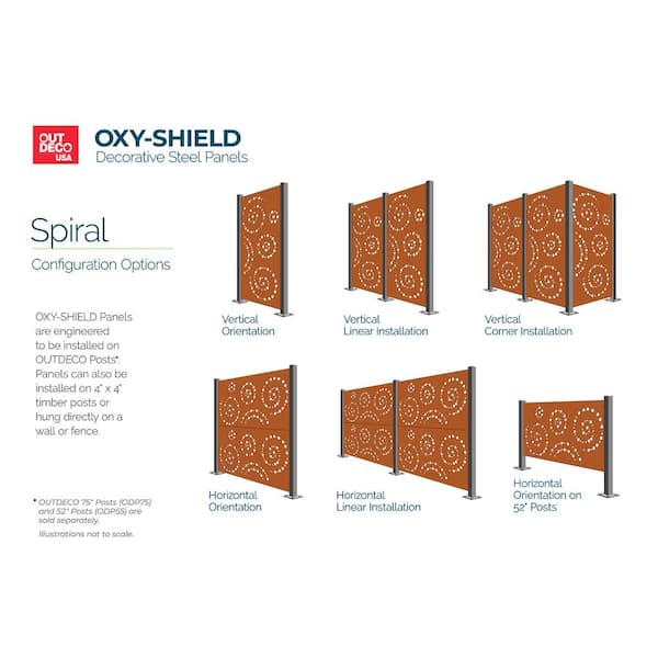 OUTDECO Spiral 3 ft. x 6 ft. Oxy-Shield Corten Steel Decorative Screen Panel in Rust with 6-Screws
