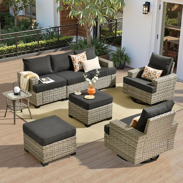 Silvae Gray 8-Piece Wicker Outdoor Sectional Set Patio Conversation Sets with 360°Rocking Chair & Black Cushion &Ottoman