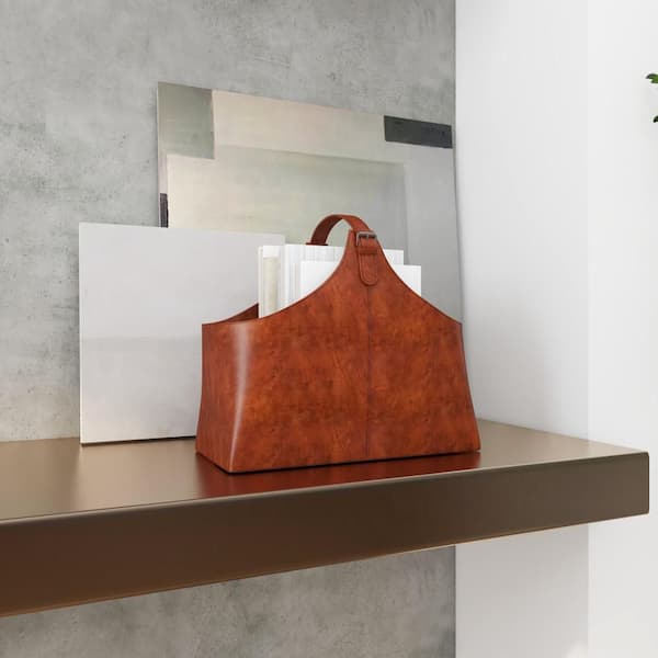 Litton Lane Brown Handmade Box Style Standing Magazine Holder with Detail Stitching and Curved Handles