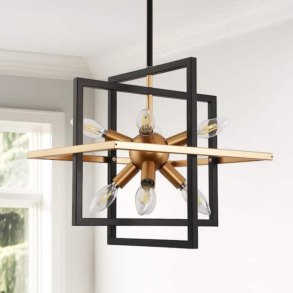 8-Light Black and Gold Industrial Sputnik Chandelier, Modern Adjustable Geometric Pendant Light for Kitchen Island